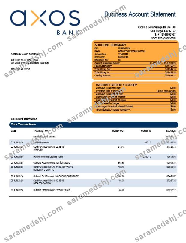 Axos Bank firm account statement Word and PDF template